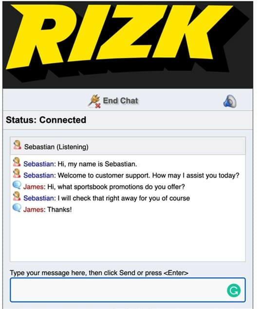 Rizk chat screenshot