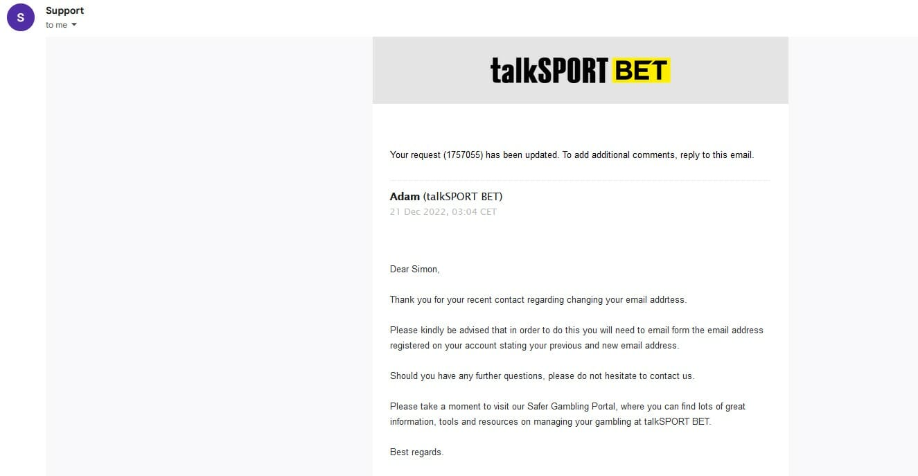 talkSPORT BET Email Screenshot