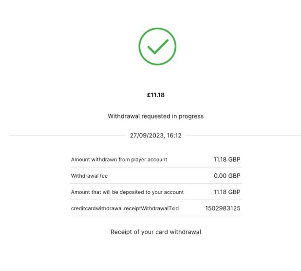 DAZN Bet withdrawal process screenshot